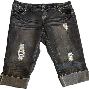 Dark Blue Distressed Denim Capri Pants